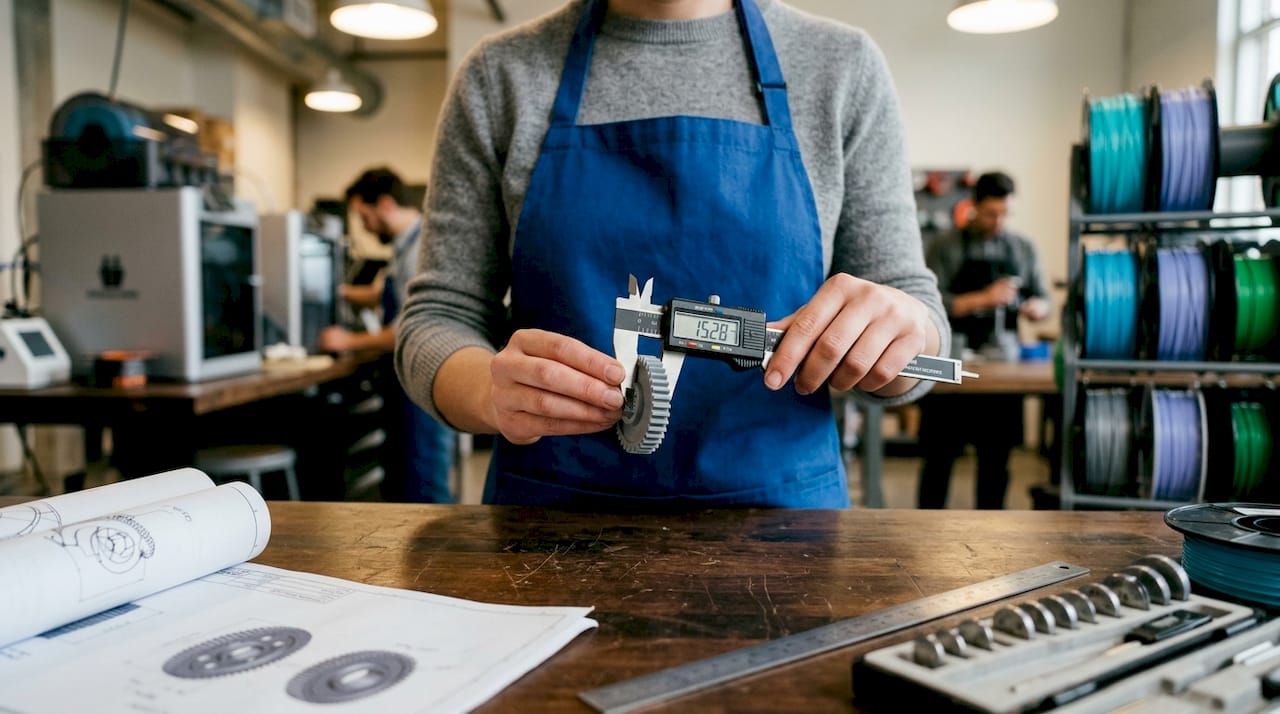 Hands measuring 3D printed gear with caliper