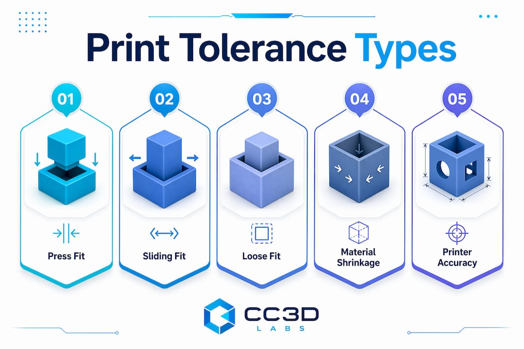 Infographic showing ranked print tolerance types and factors