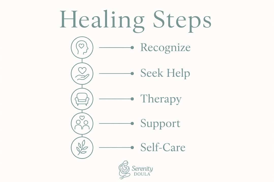 Infographic showing five healing steps for birth trauma
