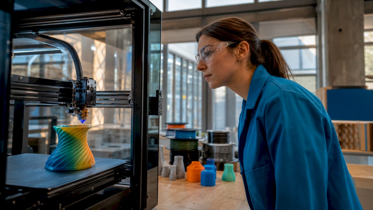 Engineer overseeing 3D printer producing prototype