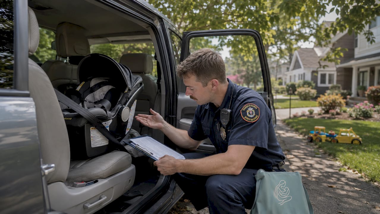 Firefighter inspecting newborn car seat installation
