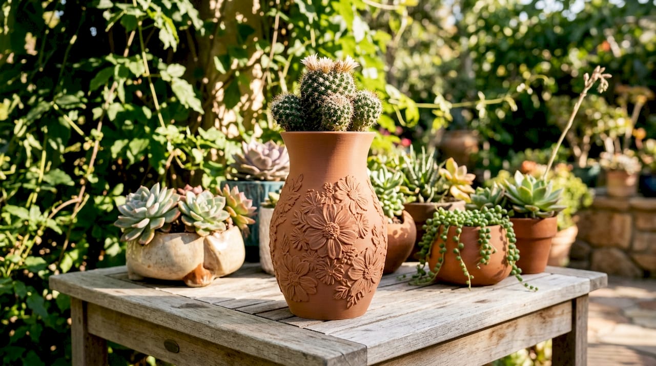 Close-up of detailed 3D printed cactus vase