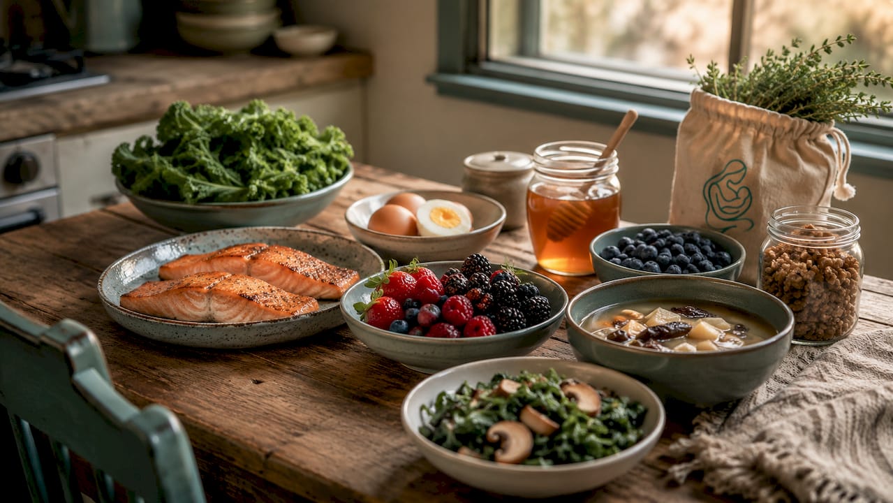 Nutrient-rich postpartum food spread on table