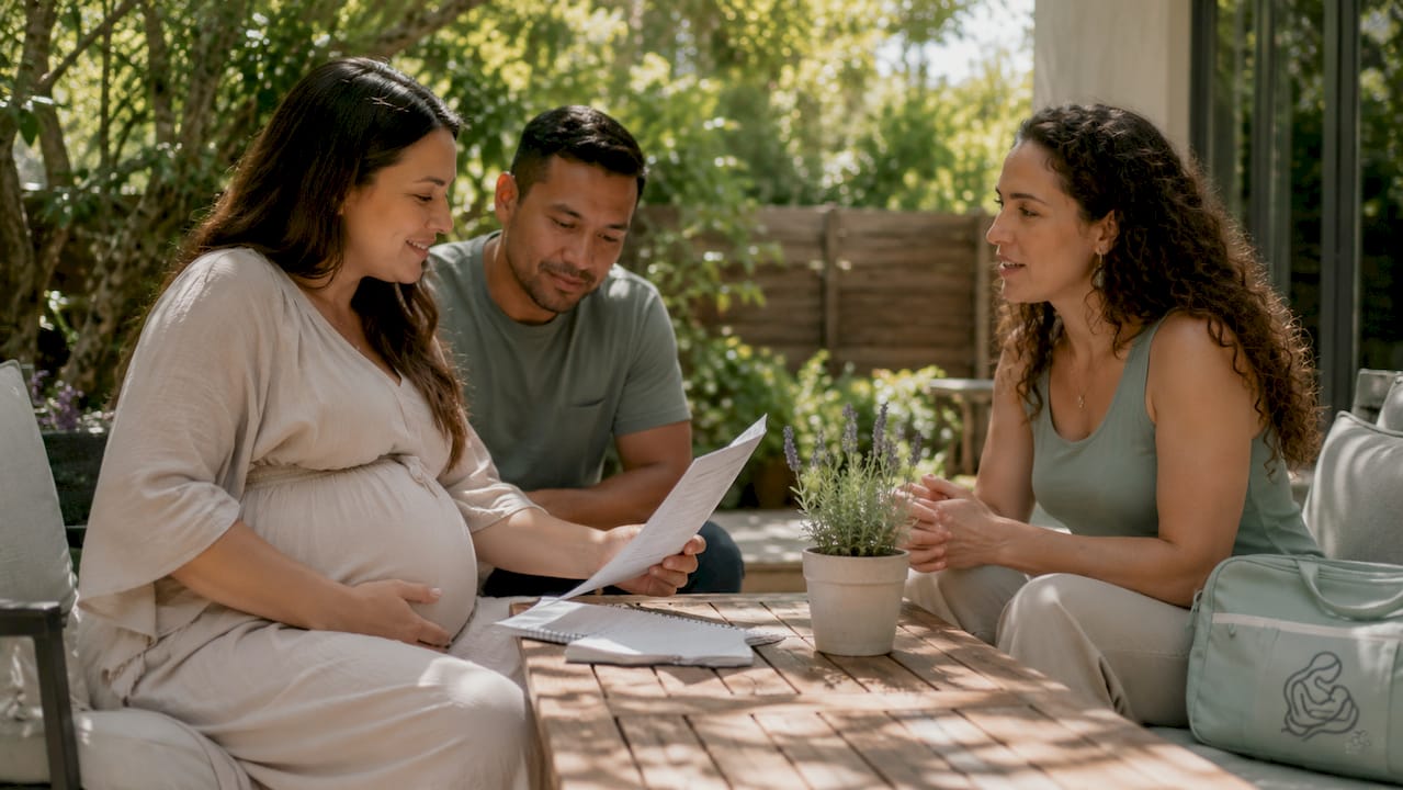 Couple discussing birth support with doula at home