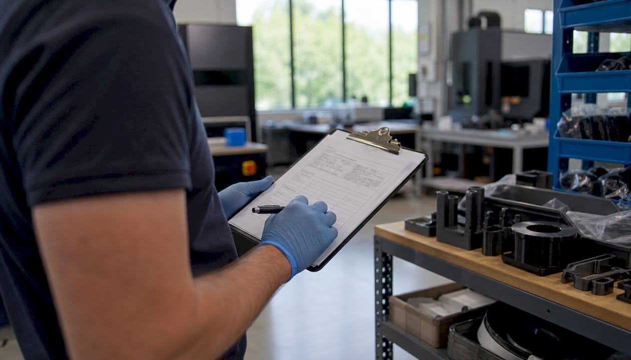 Technician reviewing batch production documentation