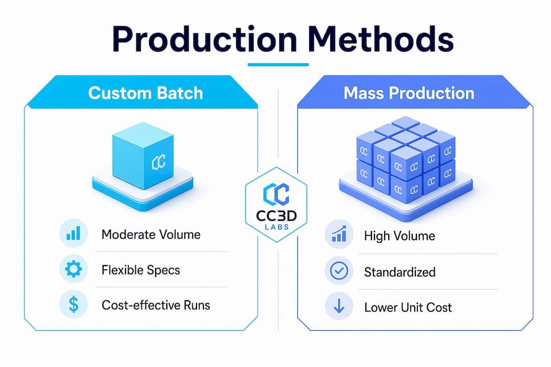Infographic comparing custom batch and mass production