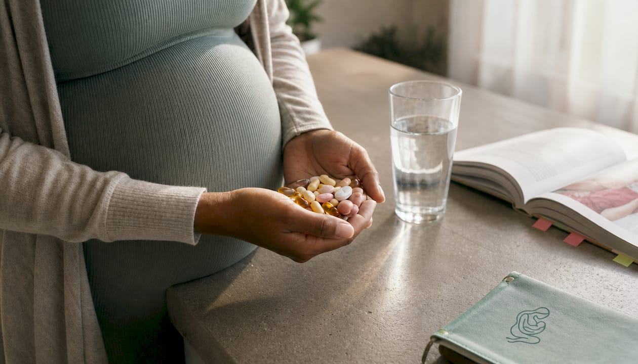 Close-up hands holding prenatal vitamins and supplements