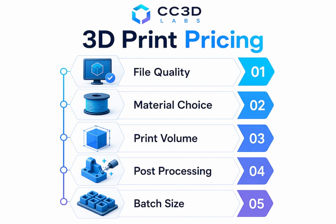 Infographic showing factors influencing custom 3D print pricing