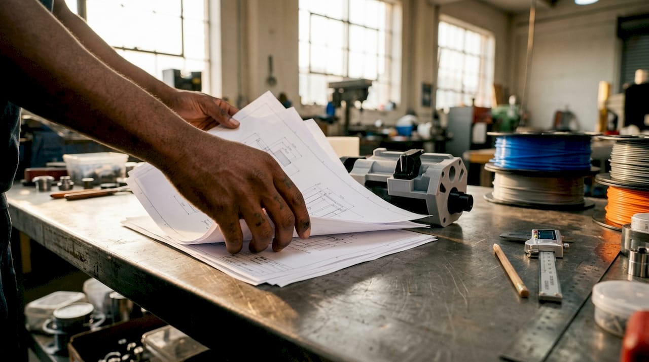 Hands arranging 3D print files and prototype on table