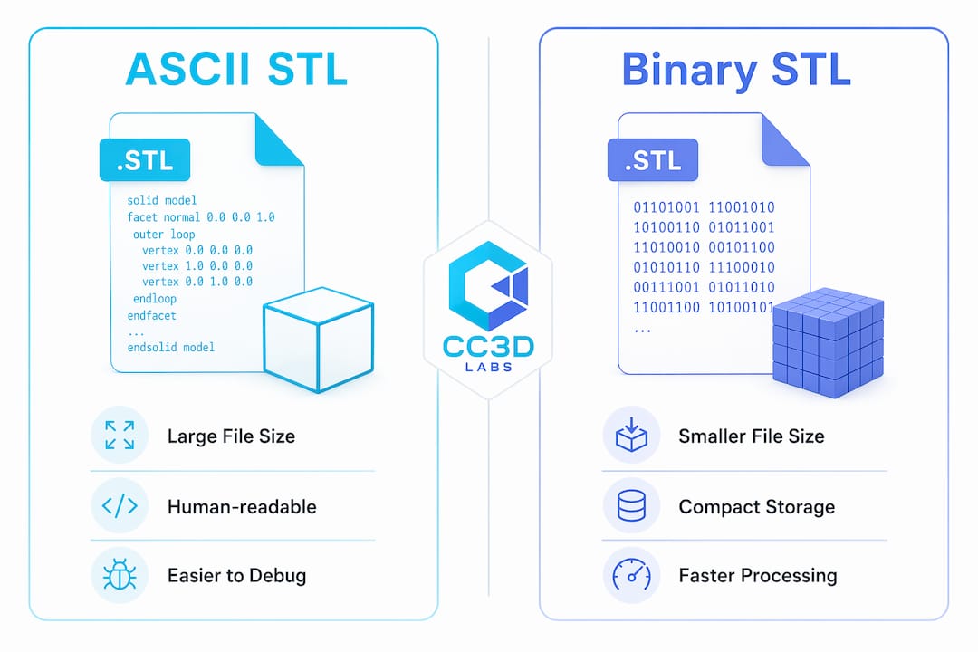 Infographic comparing ASCII and binary STL file formats