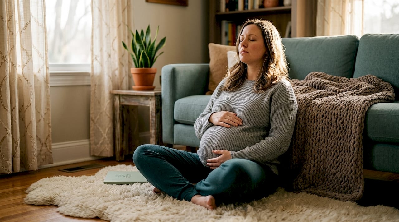 Hands demonstrating slow belly breathing on pregnant belly