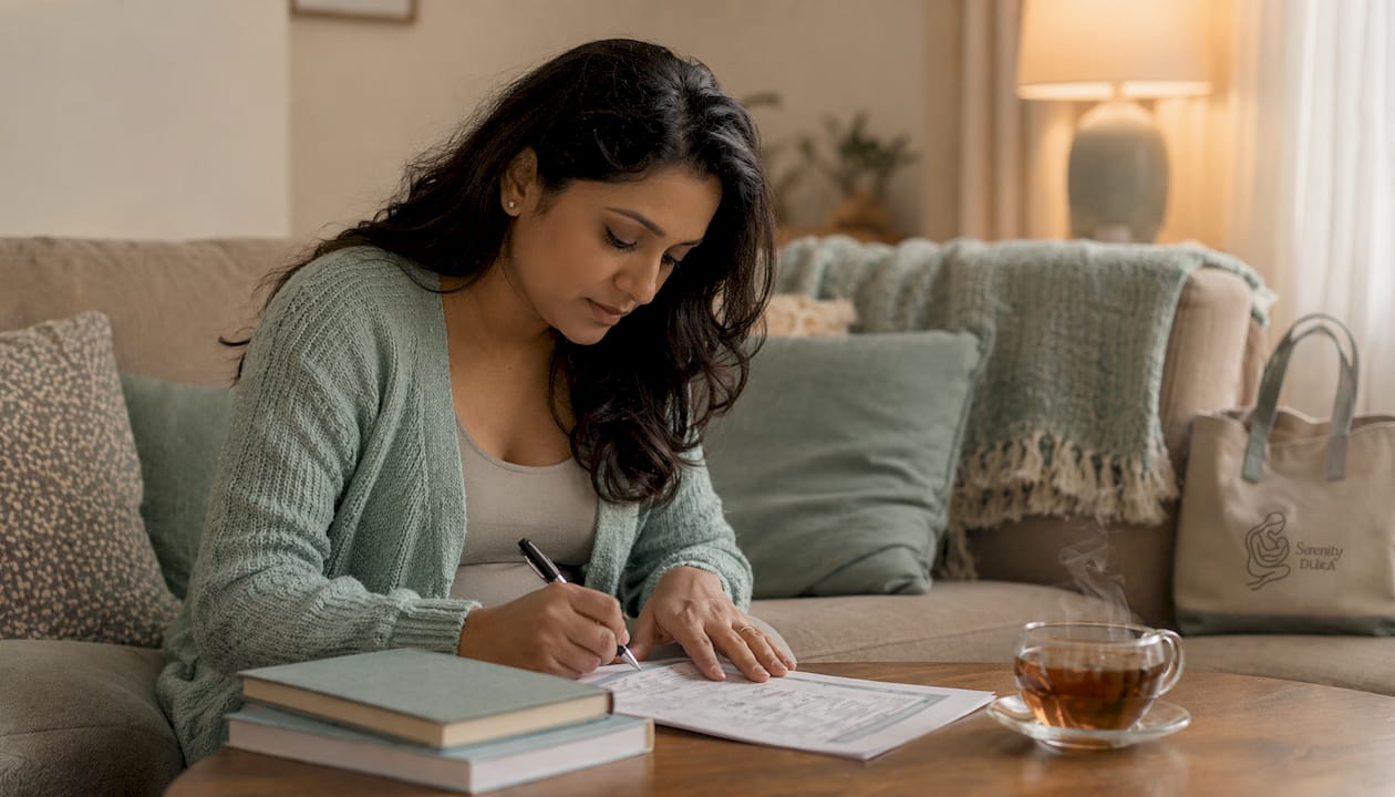Woman writing birth plan at kitchen table