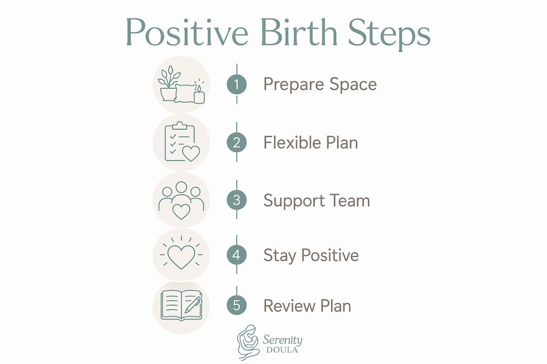 Infographic illustrating step-by-step workflow for positive birthing environment