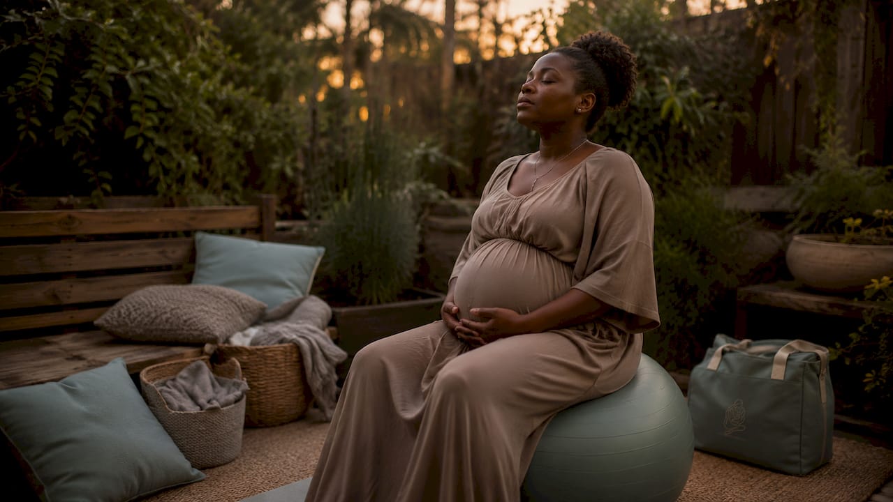 Pregnant woman in calming birth space corner