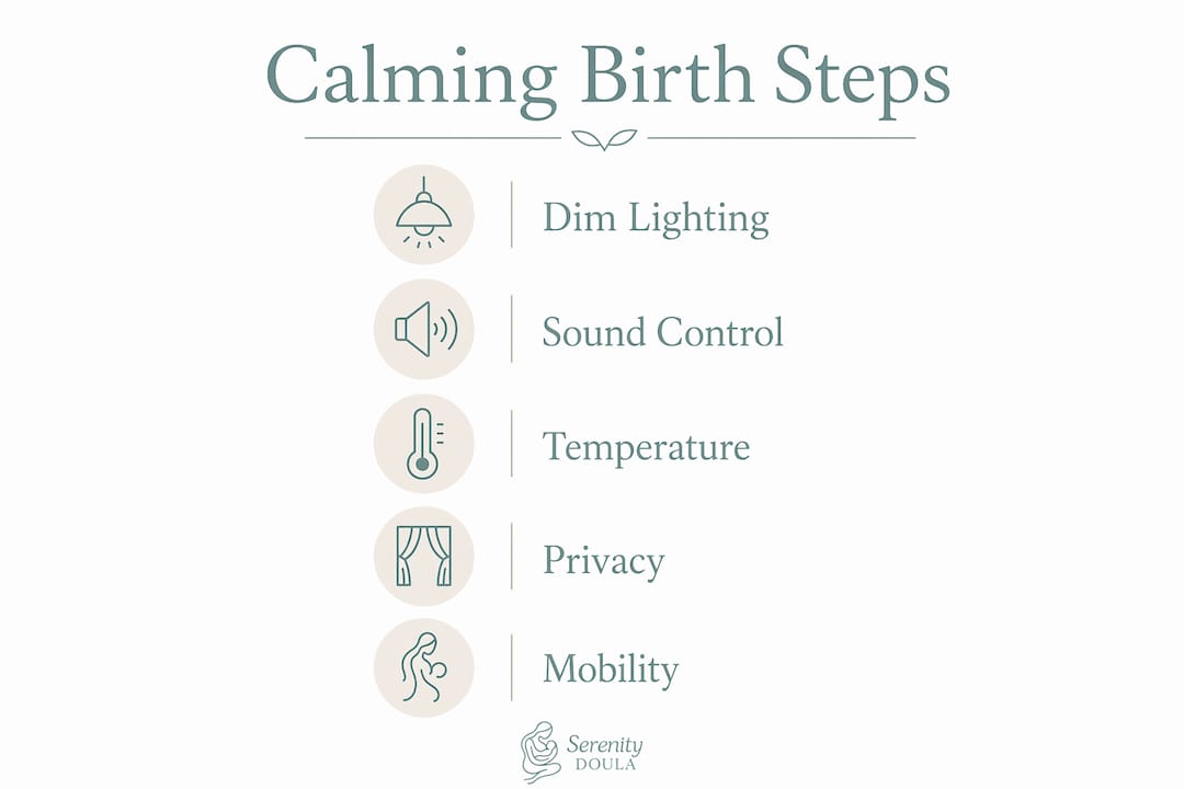Infographic illustrating calming sensory steps in birth