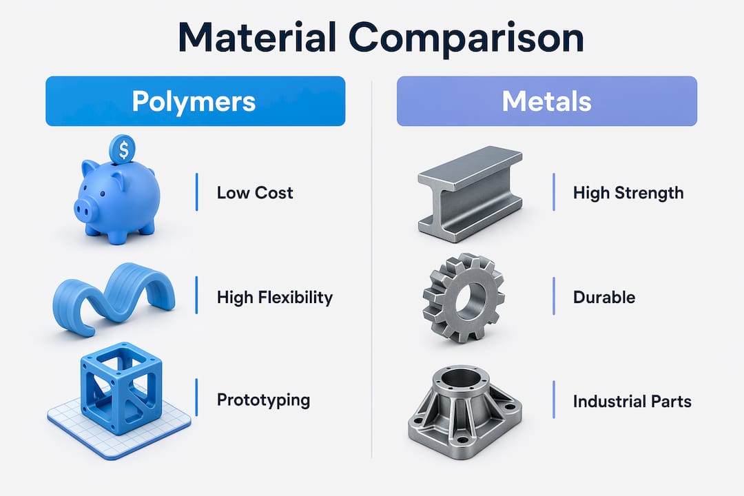 Infographic showing polymers versus metals comparison in additive manufacturing