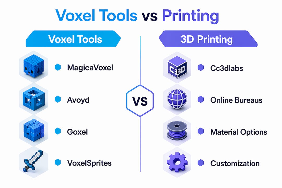 Infographic comparing voxel software tools and 3D printing services