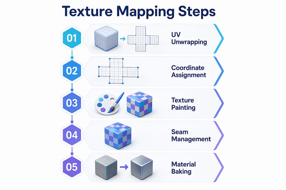 Infographic showing five main steps of texture mapping process