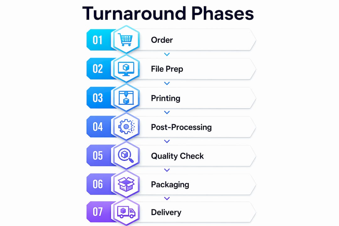 Infographic showing seven 3D printing turnaround phases