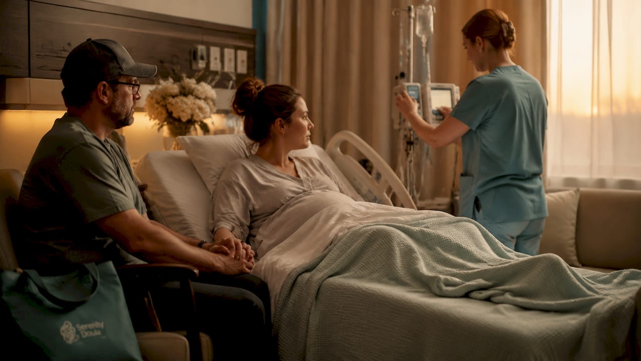 Hospital birth room with mother and nurse