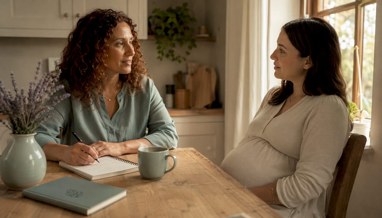 Doula consulting expectant woman in home office