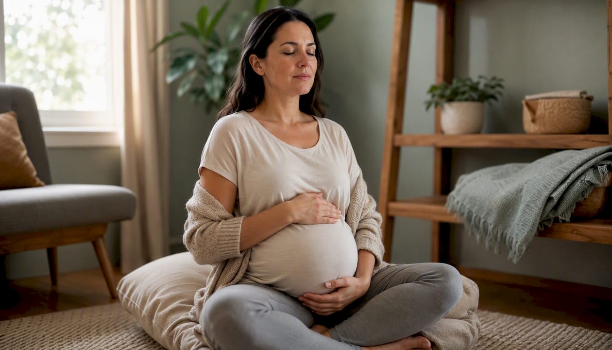 Pregnant woman gently stretching to ease belly discomfort