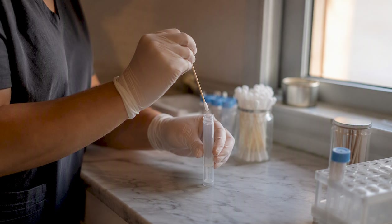 Gloved hands processing GBS swab in lab