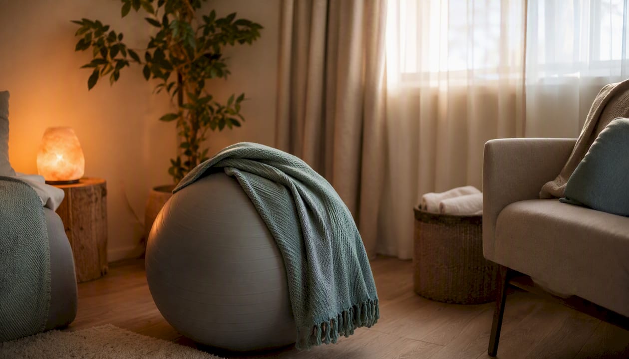 Tranquil birthing room corner with comfort items
