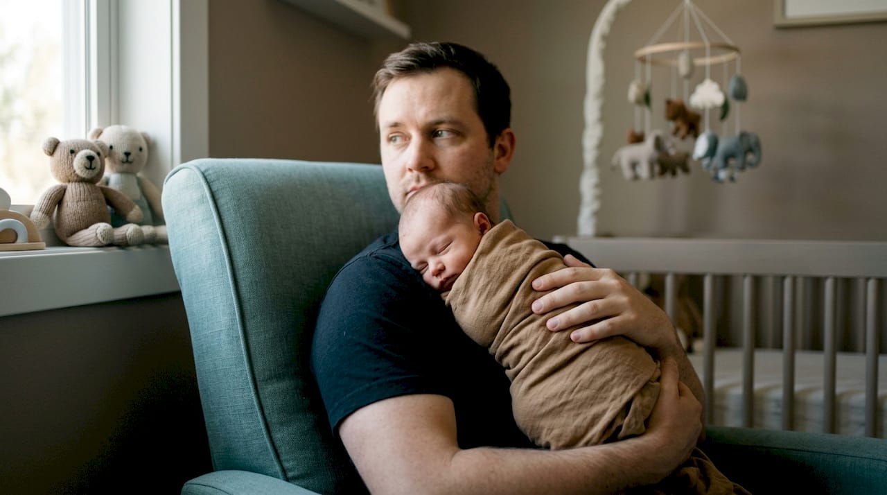 Partner carefully holding newborn after traumatic birth