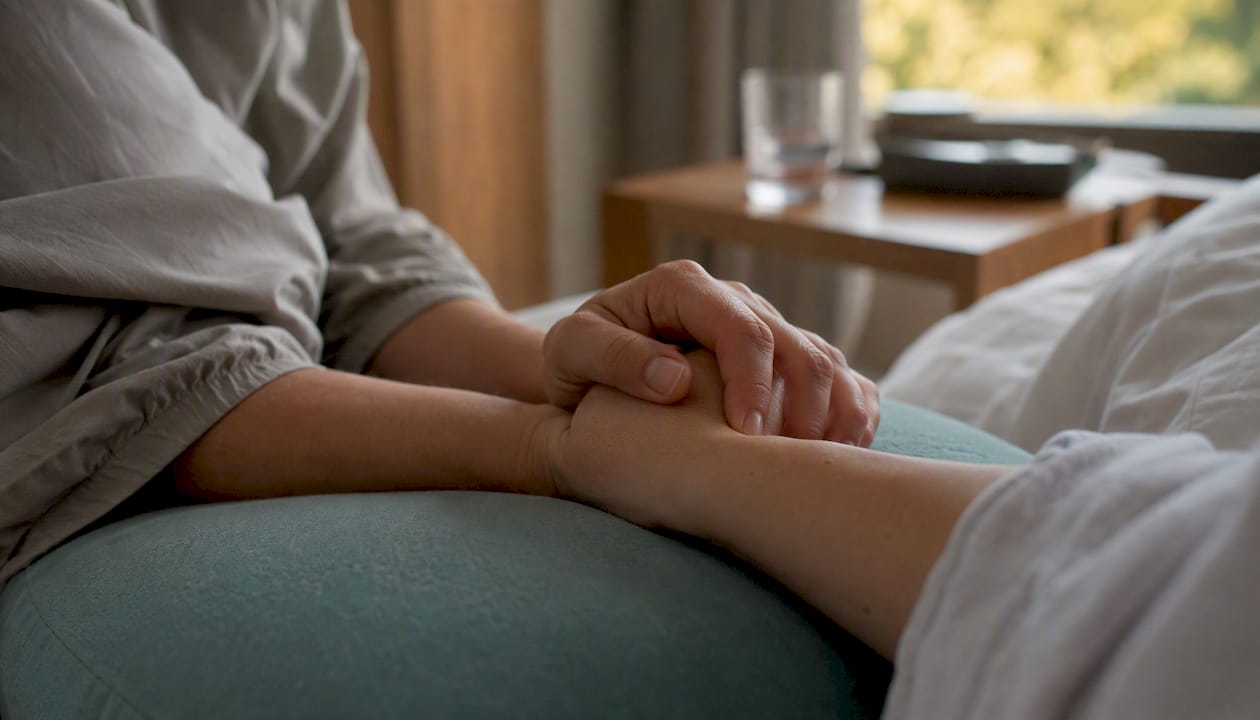 Hands holding during labor pause