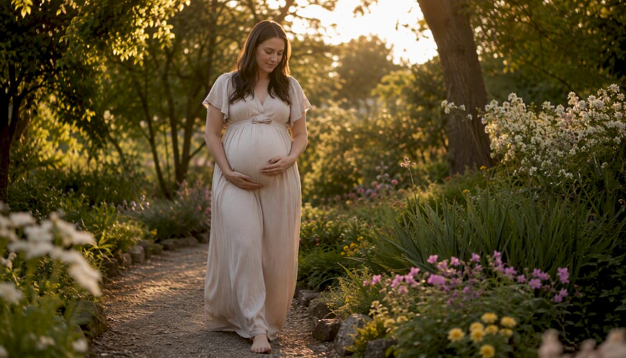 Pregnant woman walking slowly in birthing room