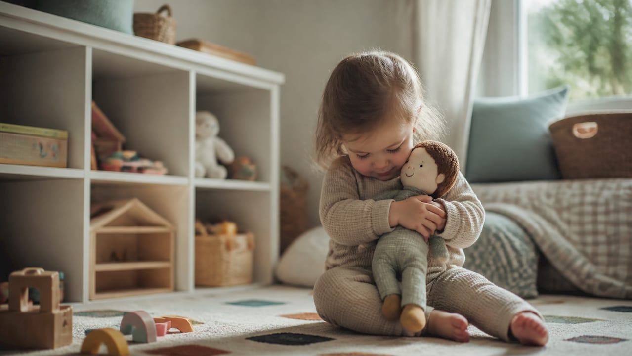 Toddler cradling doll in nursery play area