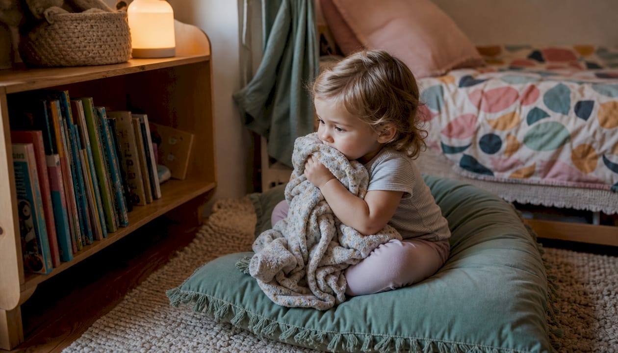 Toddler clinging to blanket in bedroom