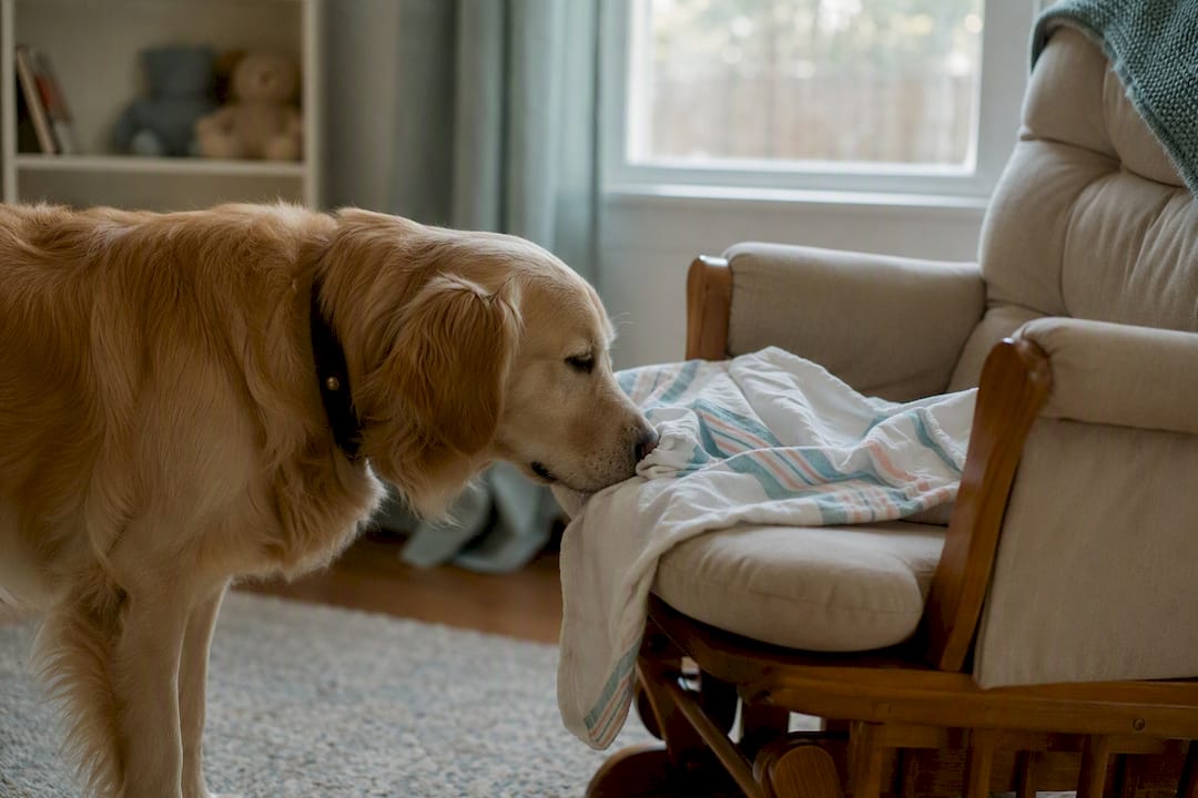 Dog sniffing worn newborn hospital blanket
