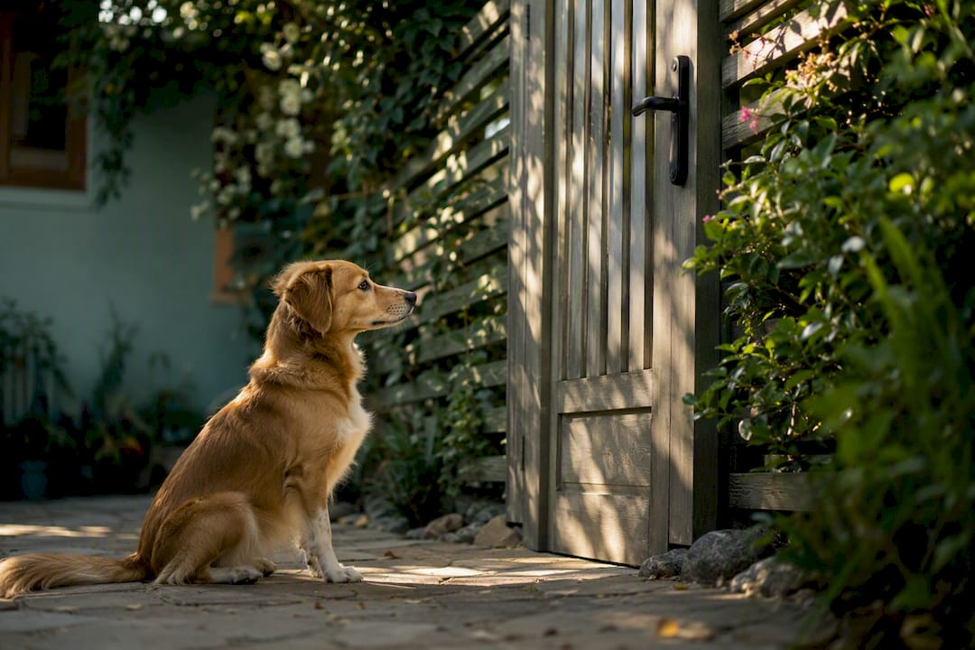Dog sitting calmly by closed door
