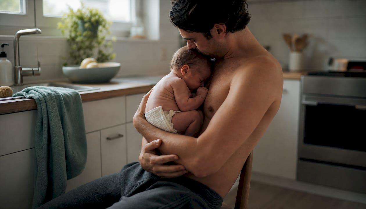 Partner holding newborn chest-to-chest