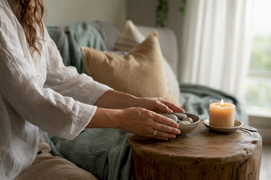 Hands setting soothing stones and candle