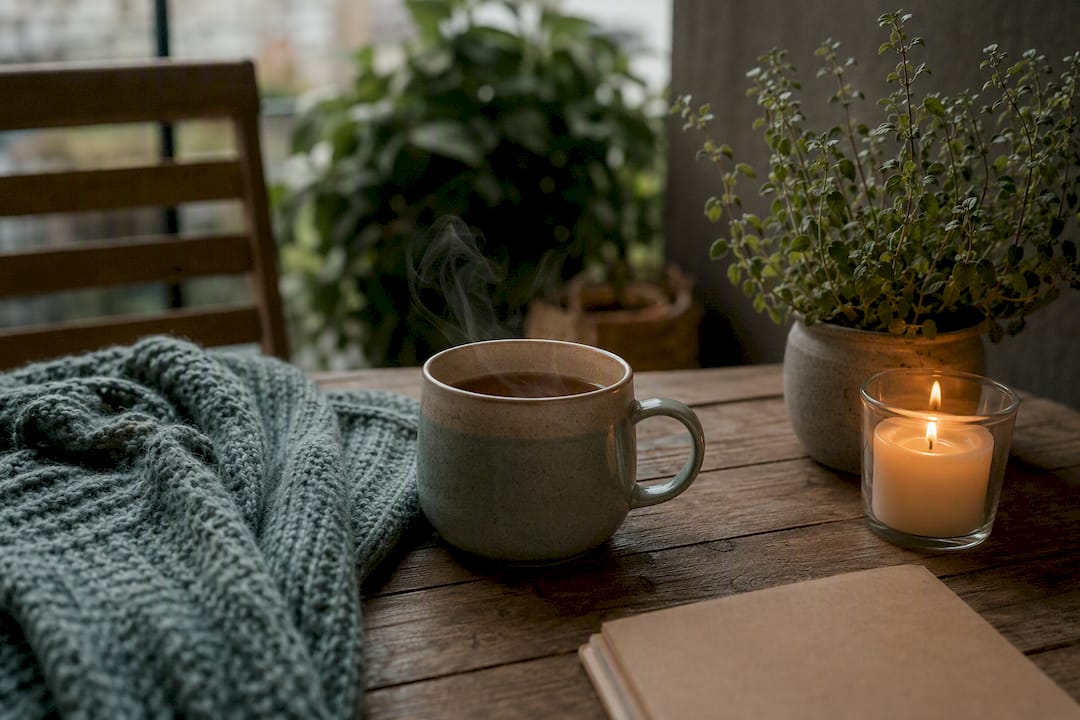 Tea cup in peaceful calming nook environment