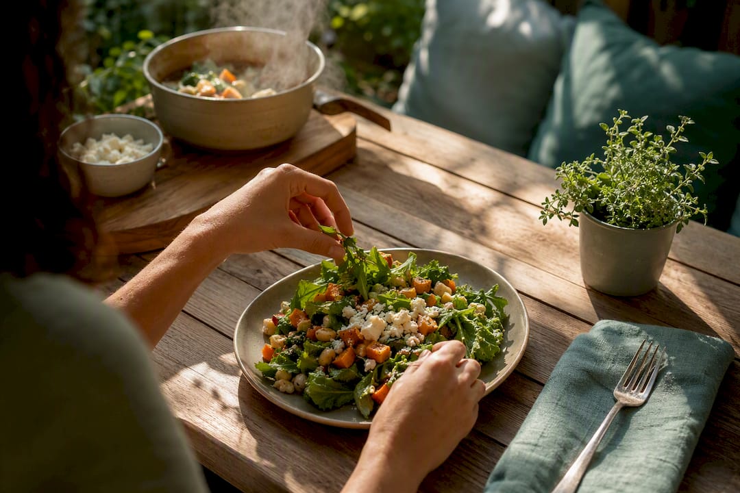 Hands preparing simple meal in warm kitchen
