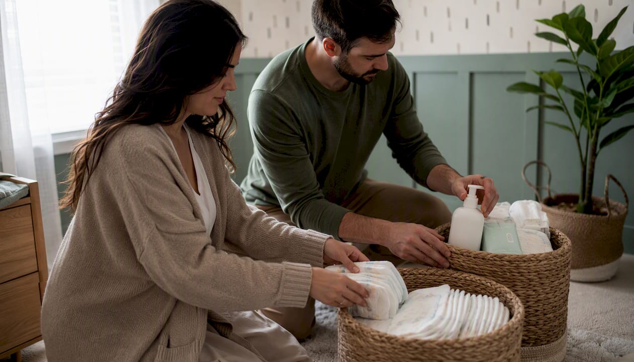 Hands organizing newborn care supplies