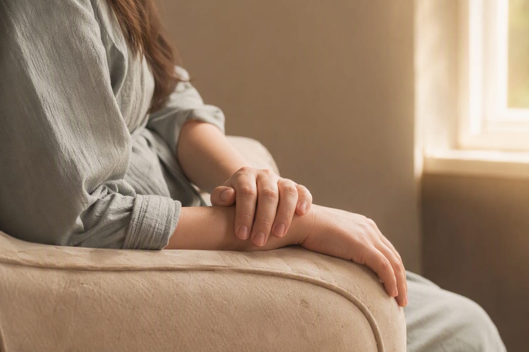 Calming hands resting on sofa cushion
