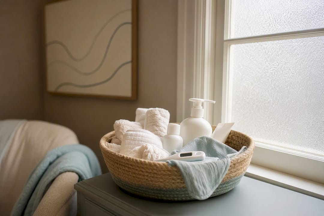 Calming nursery setup with baby care essentials