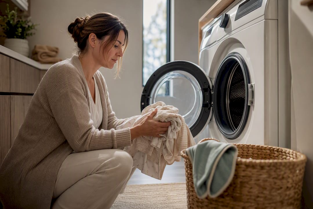 Doula handling newborn laundry at home