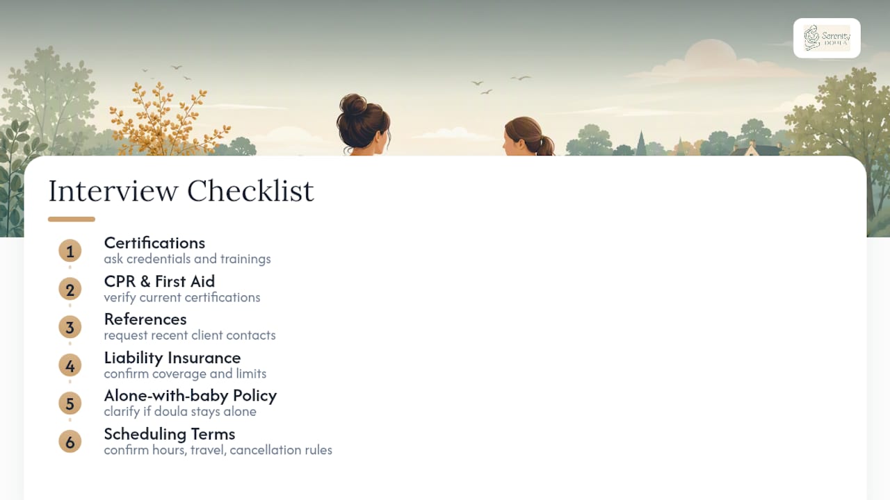 Postpartum doula interview checklist categories