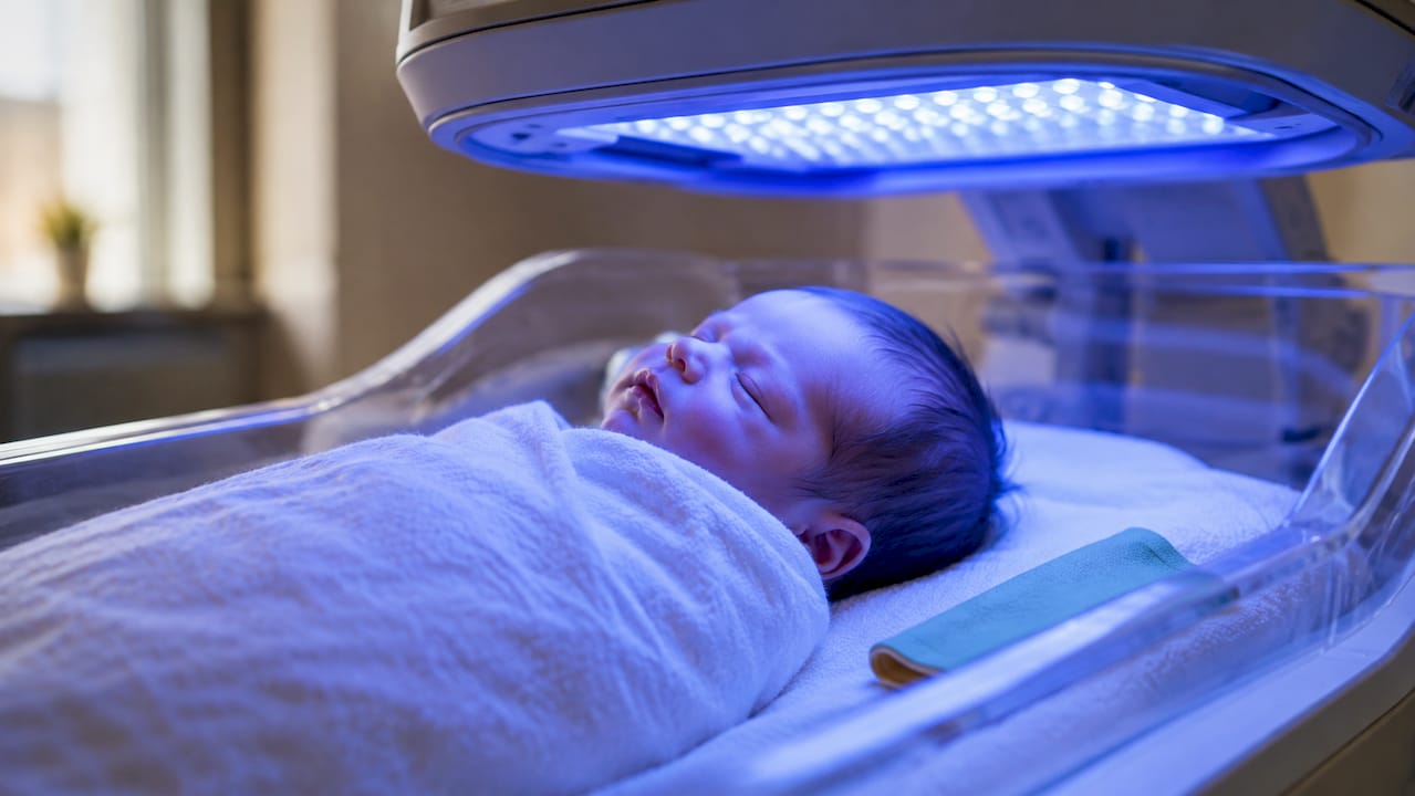 Newborn receiving blue phototherapy lights