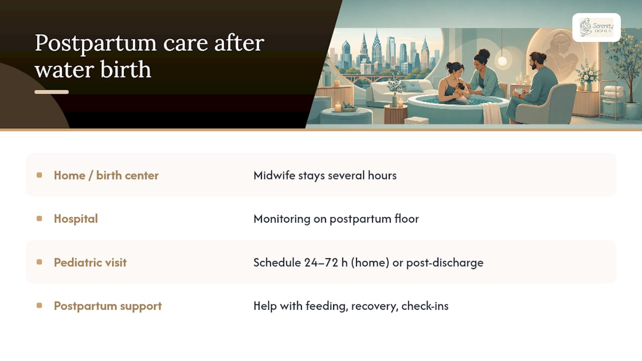 What Postpartum Care Looks Like After a Water Birth — overview diagram