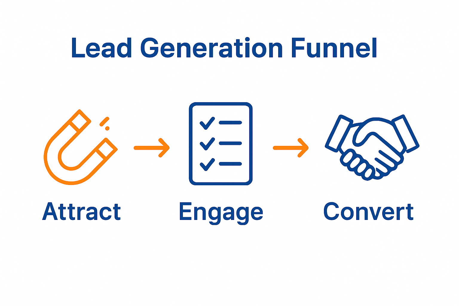 Three-step lead generation funnel with icons for attract, engage, and convert.