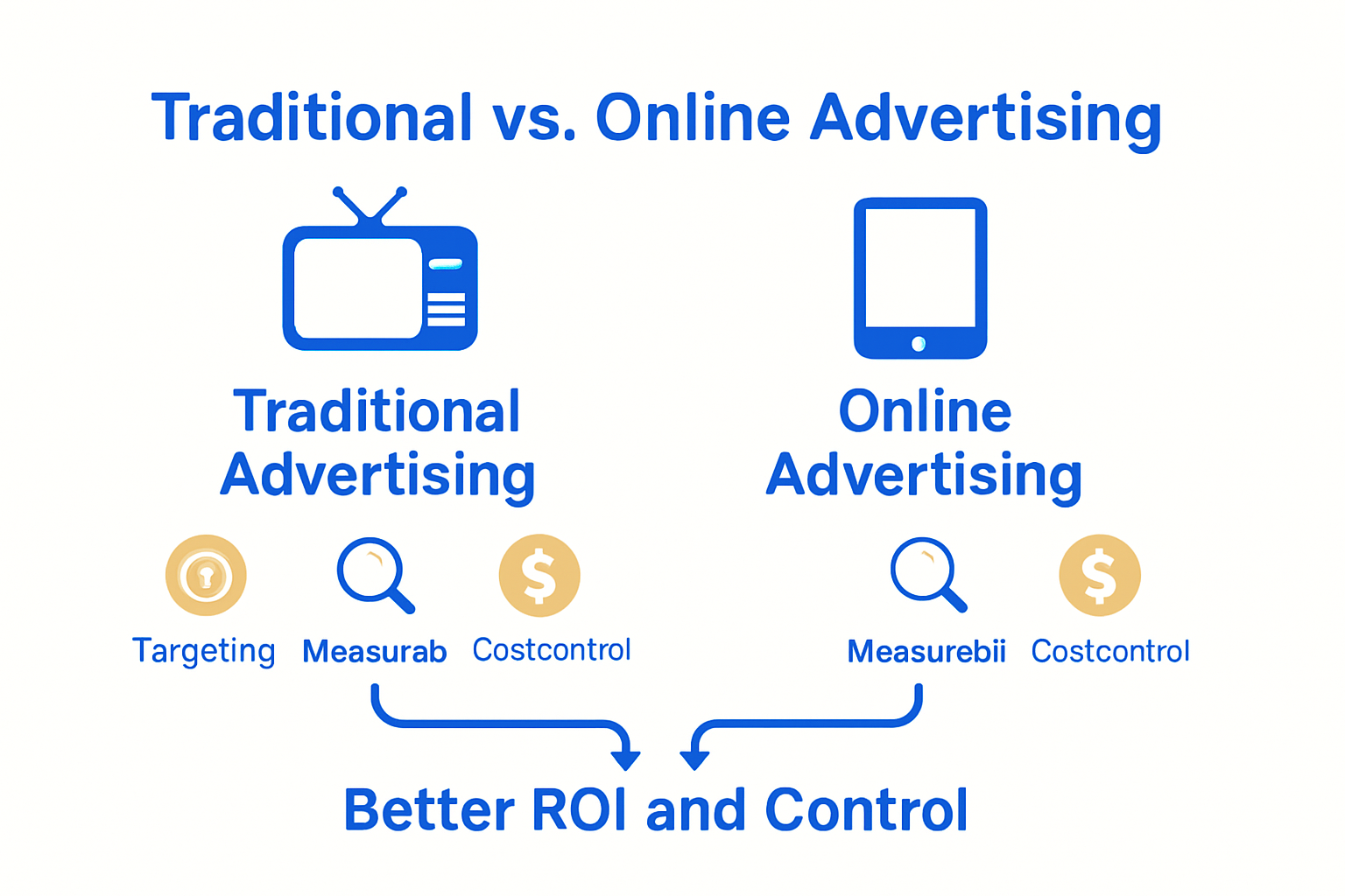 Comparison of traditional versus online advertising benefits infographic