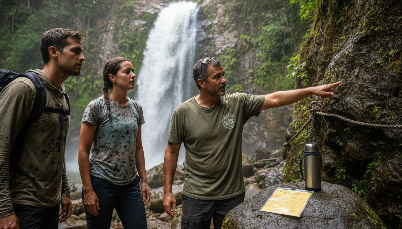 Guide leads hikers by Costa Rica waterfall