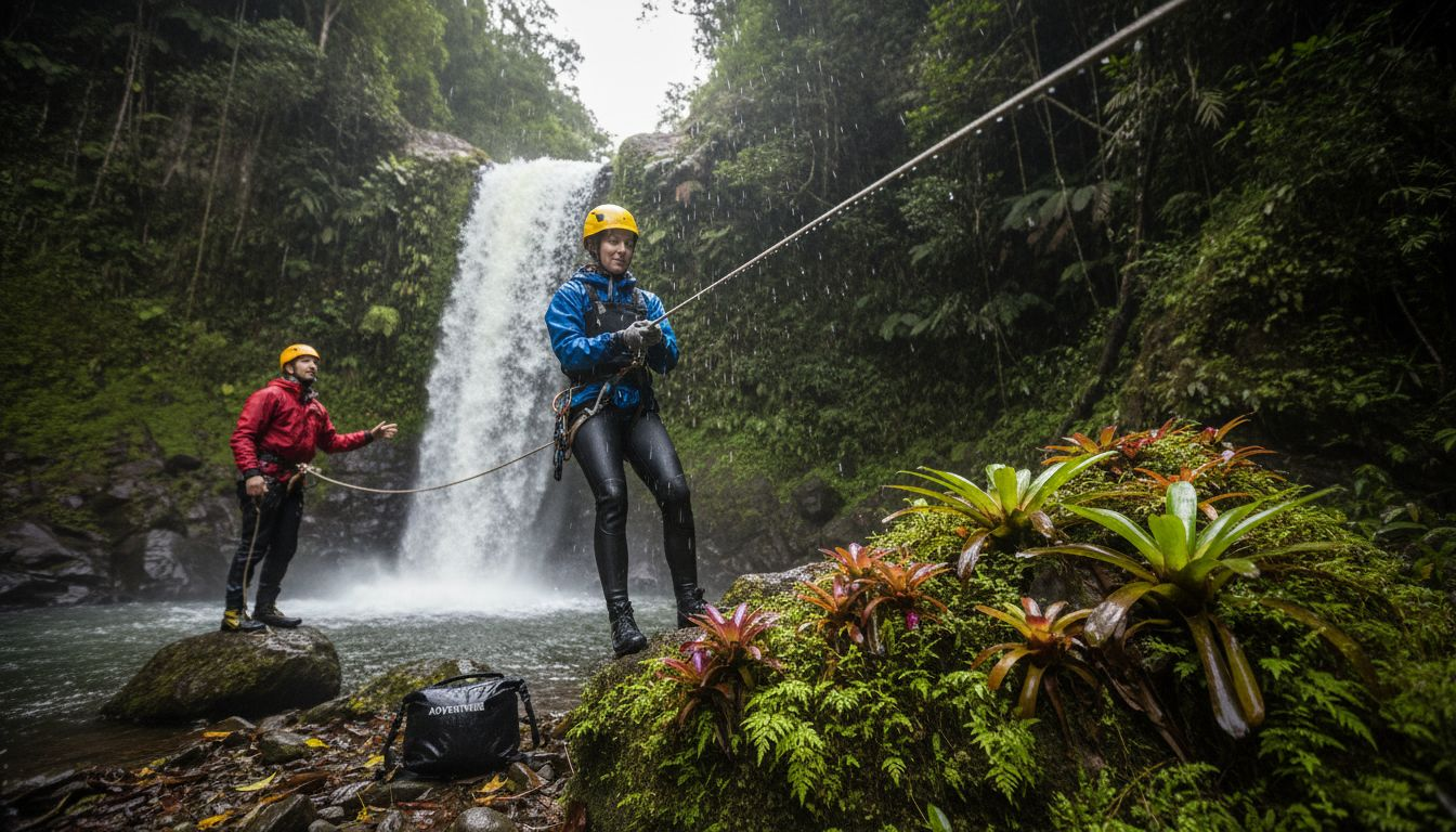 Adventurer rappelling down Costa Rica waterfall